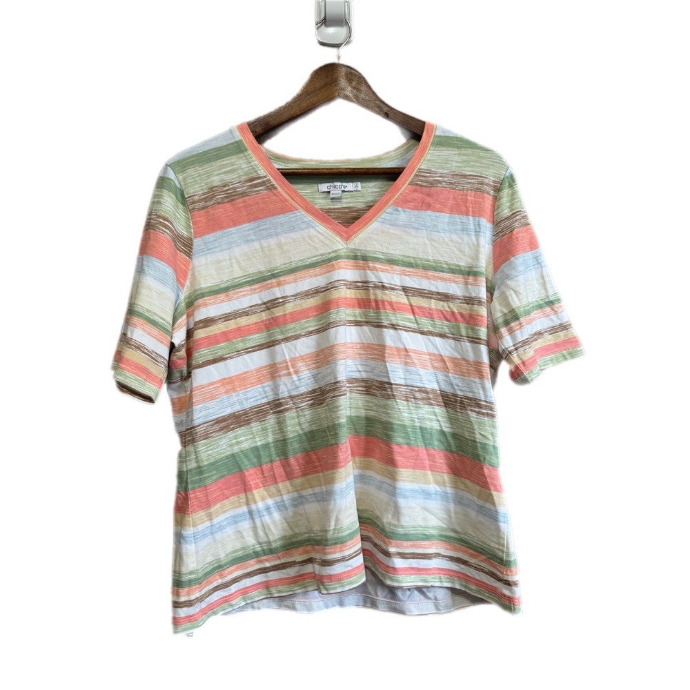Chico's Striped V-Neck Tee Women Size 2 Large Multi-Color Excellent Short Sleeve